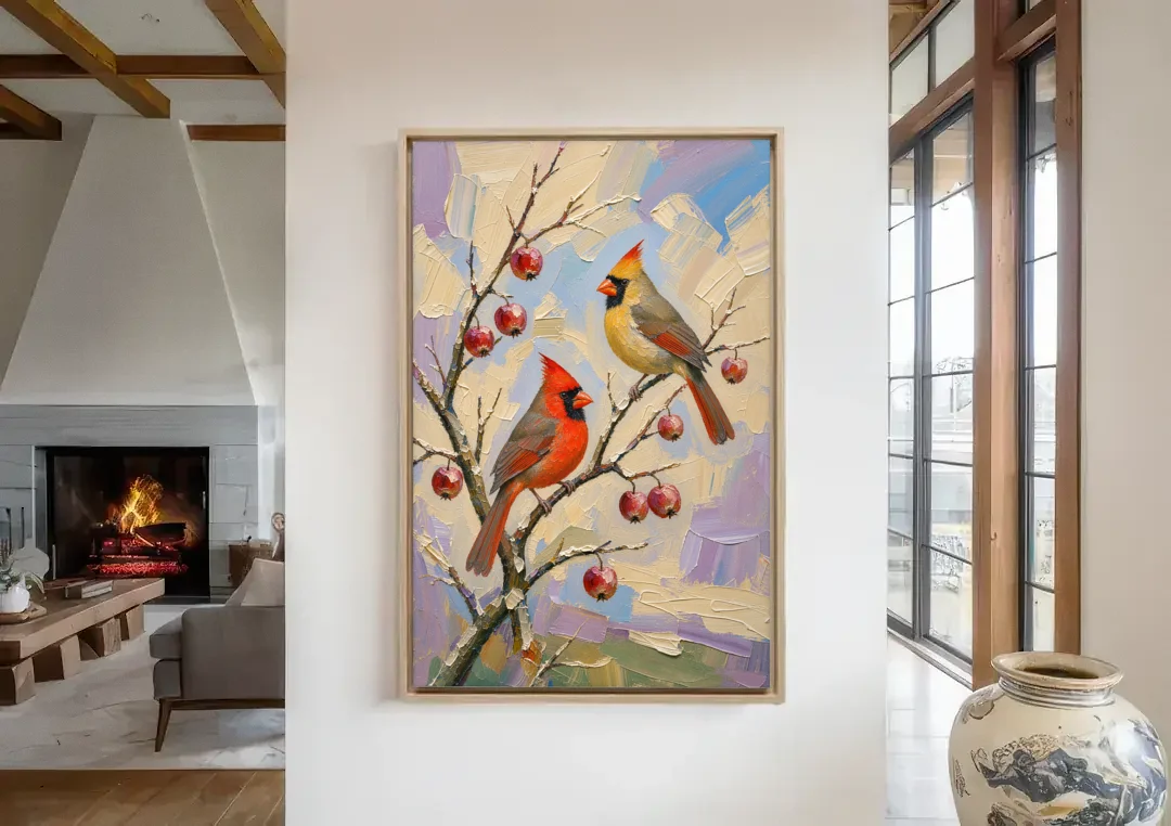 Cardinal Canvas Pair on Crabapple canvas wall art in a living room with a fireplace