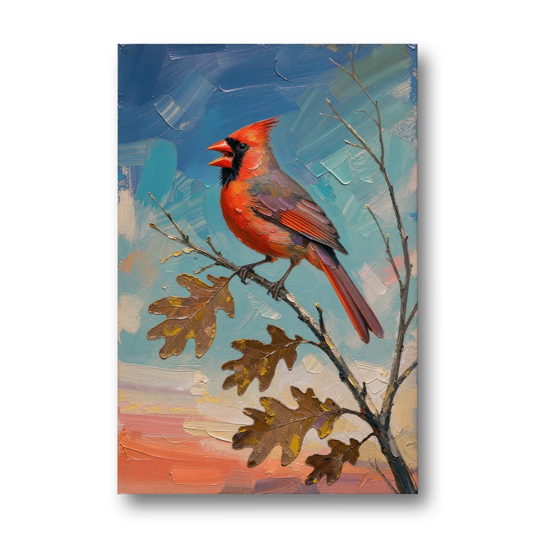 Cardinal Canvas Print Singing on Bare Oak - Canvas Wall Art - Front