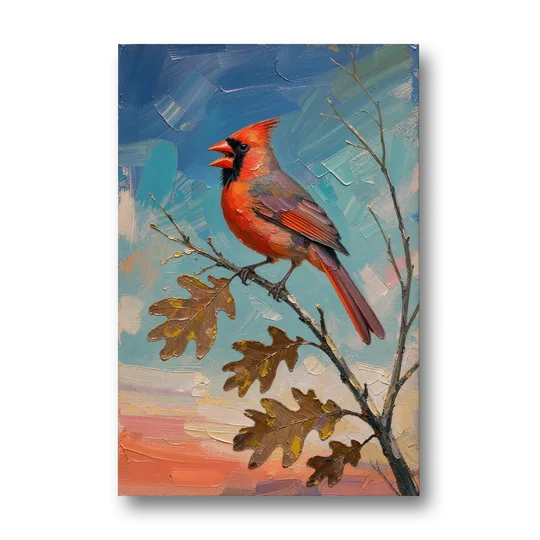 Cardinal Canvas Print Singing on Bare Oak - Canvas Wall Art - Front