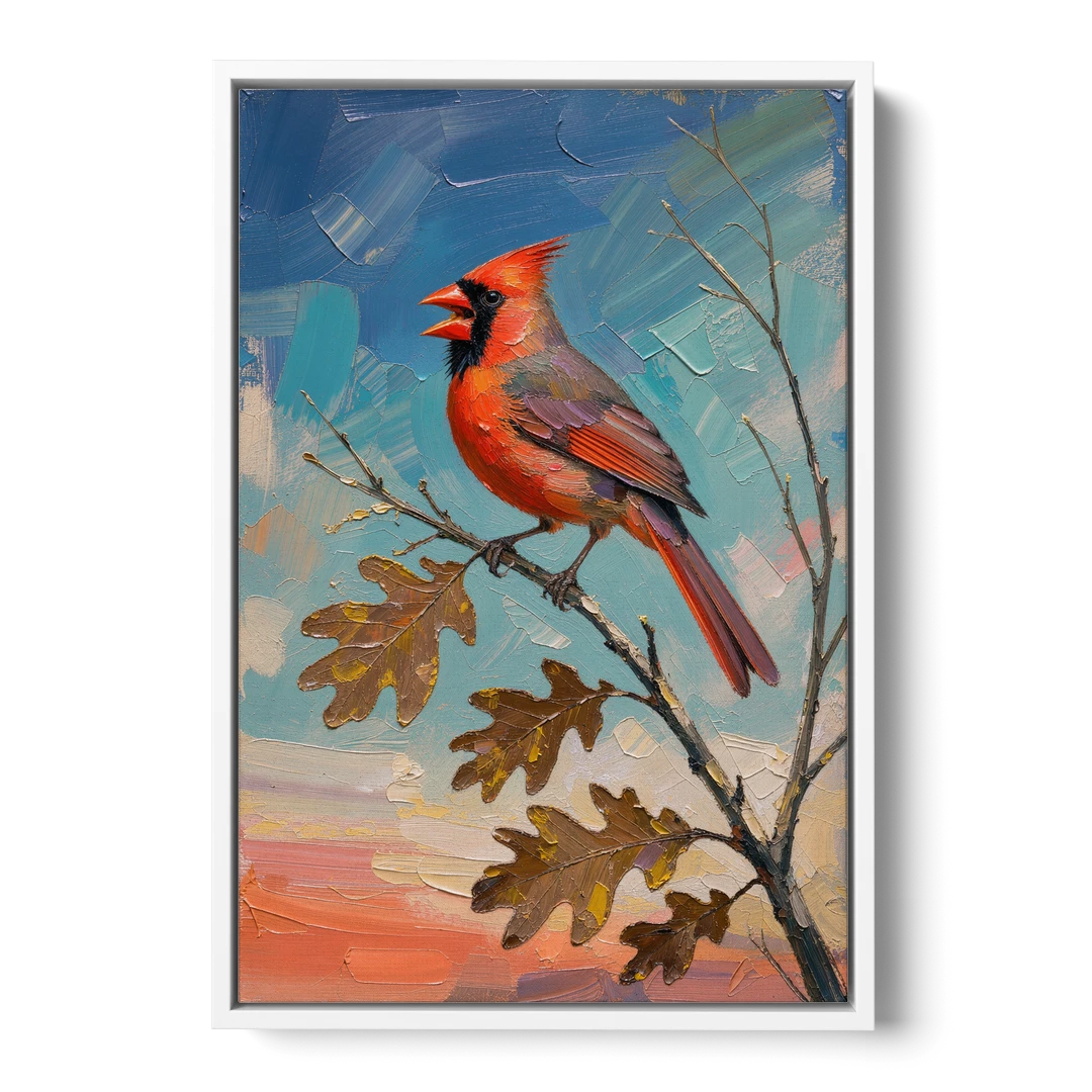 Cardinal Canvas Print Singing on Bare Oak - White Framed Canvas Wall Art - Front
