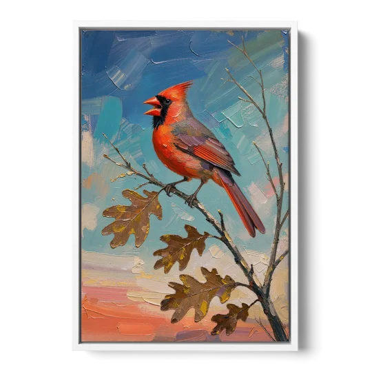 Cardinal Canvas Print Singing on Bare Oak - White Framed Canvas Wall Art - Front