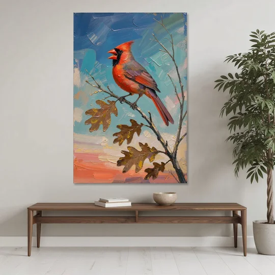 Cardinal Canvas Print Singing on Bare Oak - Canvas Wall Art - Coffee Table - 40x60