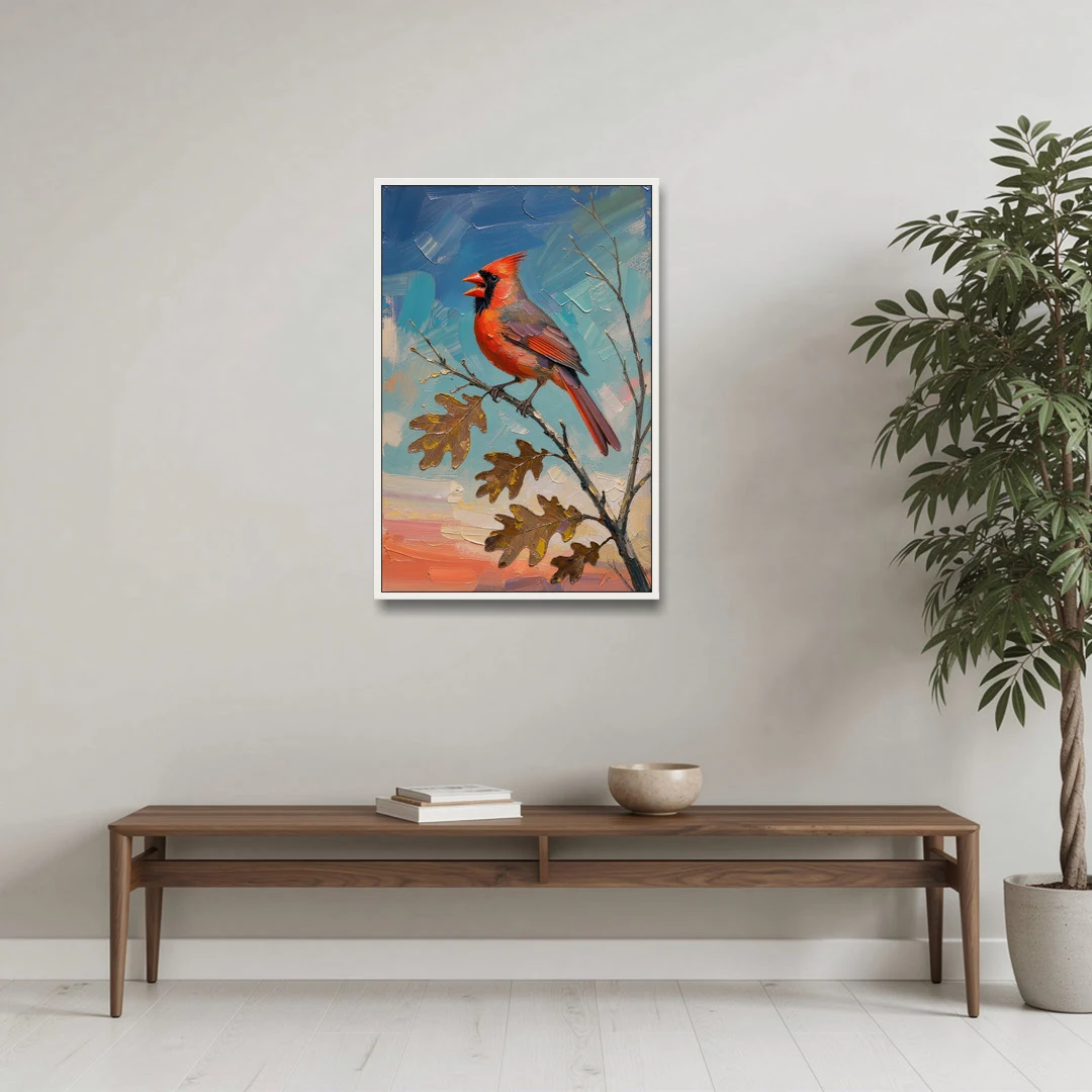 Cardinal Canvas Print Singing on Bare Oak - White Framed Canvas Wall Art - Coffee Table - 24x36