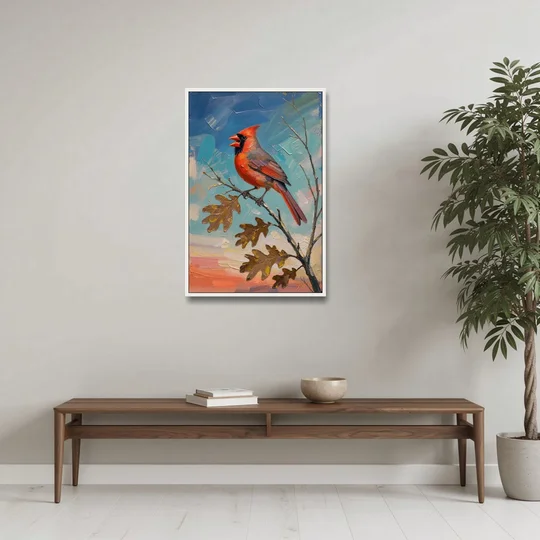 Cardinal Canvas Print Singing on Bare Oak - White Framed Canvas Wall Art - Coffee Table - 24x36
