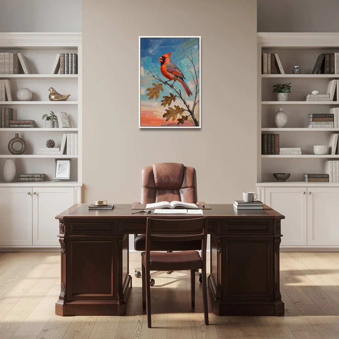 Cardinal Canvas Print Singing on Bare Oak - White Framed Canvas Wall Art - Office - 24x36
