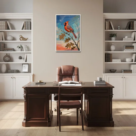 Cardinal Canvas Print Singing on Bare Oak - White Framed Canvas Wall Art - Office - 24x36