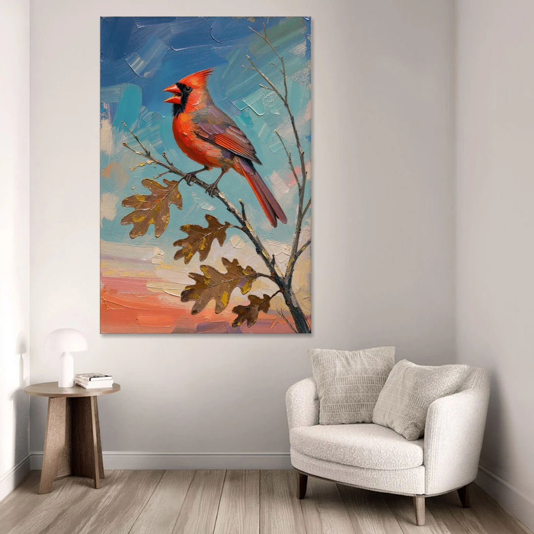 Cardinal Canvas Print Singing on Bare Oak - Canvas Wall Art - Sofa - 40x60