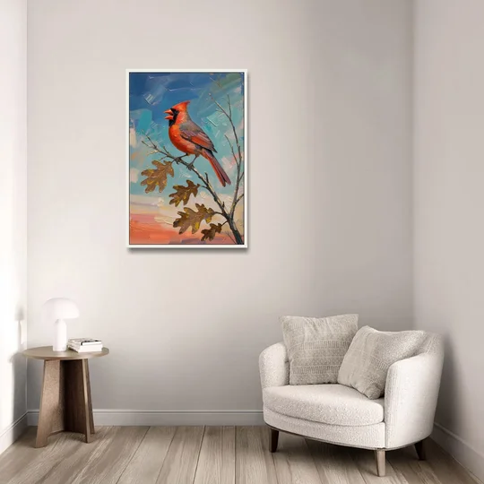 Cardinal Canvas Print Singing on Bare Oak - White Framed Canvas Wall Art - Sofa - 24x36