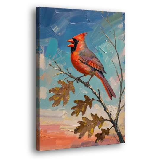 Cardinal Canvas Print Singing on Bare Oak - Canvas Wall Art - Side