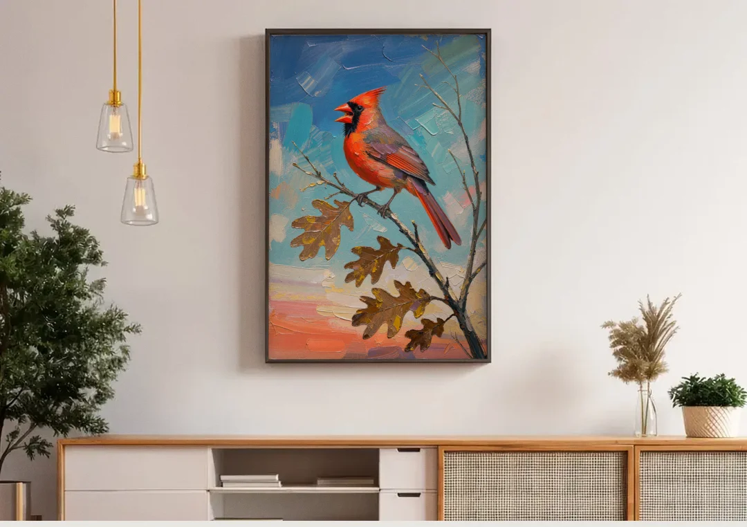 Cardinal Canvas Print Singing on Bare Oak canvas wall art above a wooden sideboard under pendant lights