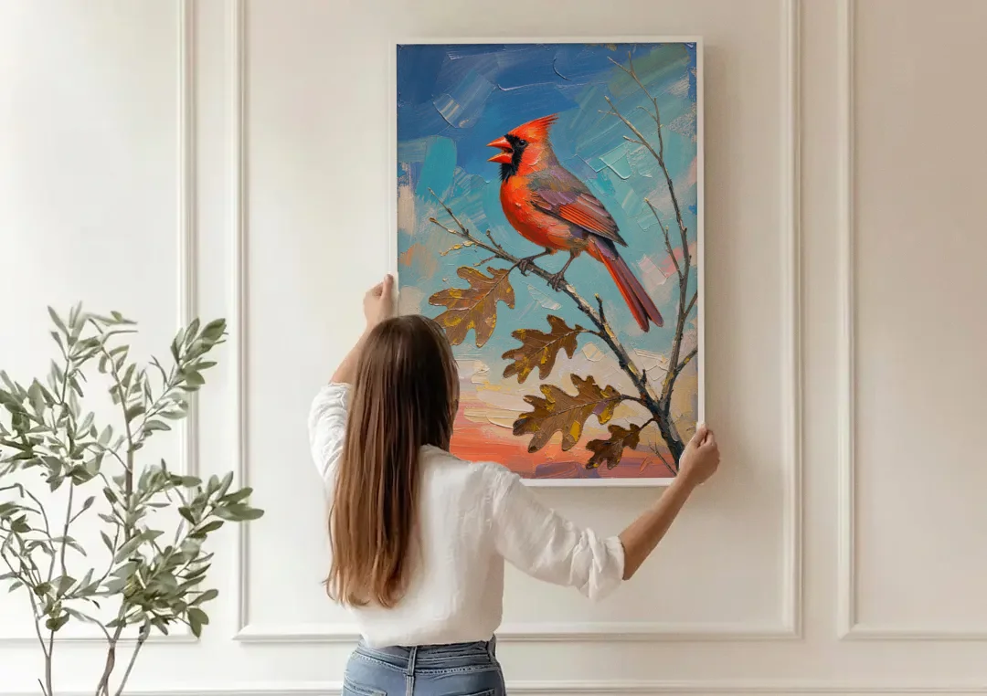 Cardinal Canvas Print Singing on Bare Oak canvas wall art being hung on a paneled wall