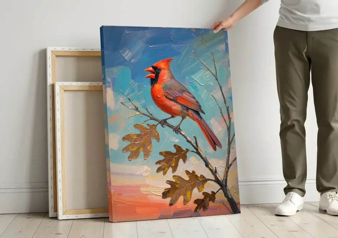 Cardinal Canvas Print Singing on Bare Oak canvas wall art leaning against a wall next to blank canvases