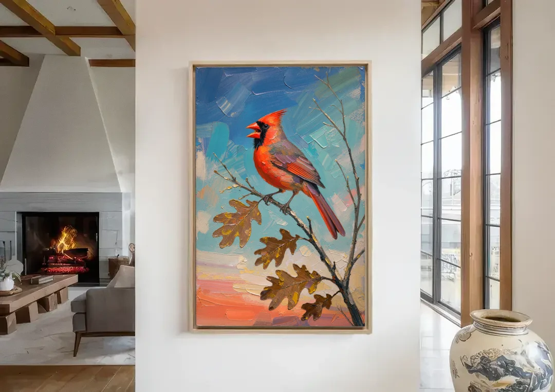 Cardinal Canvas Print Singing on Bare Oak canvas wall art in a living room with a fireplace