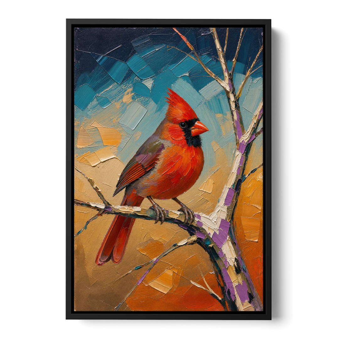 Red Accent Cardinal on a Blue Hour Maple - Black Framed Canvas Wall Art - Front