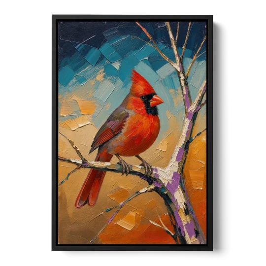Red Accent Cardinal on a Blue Hour Maple - Black Framed Canvas Wall Art - Front