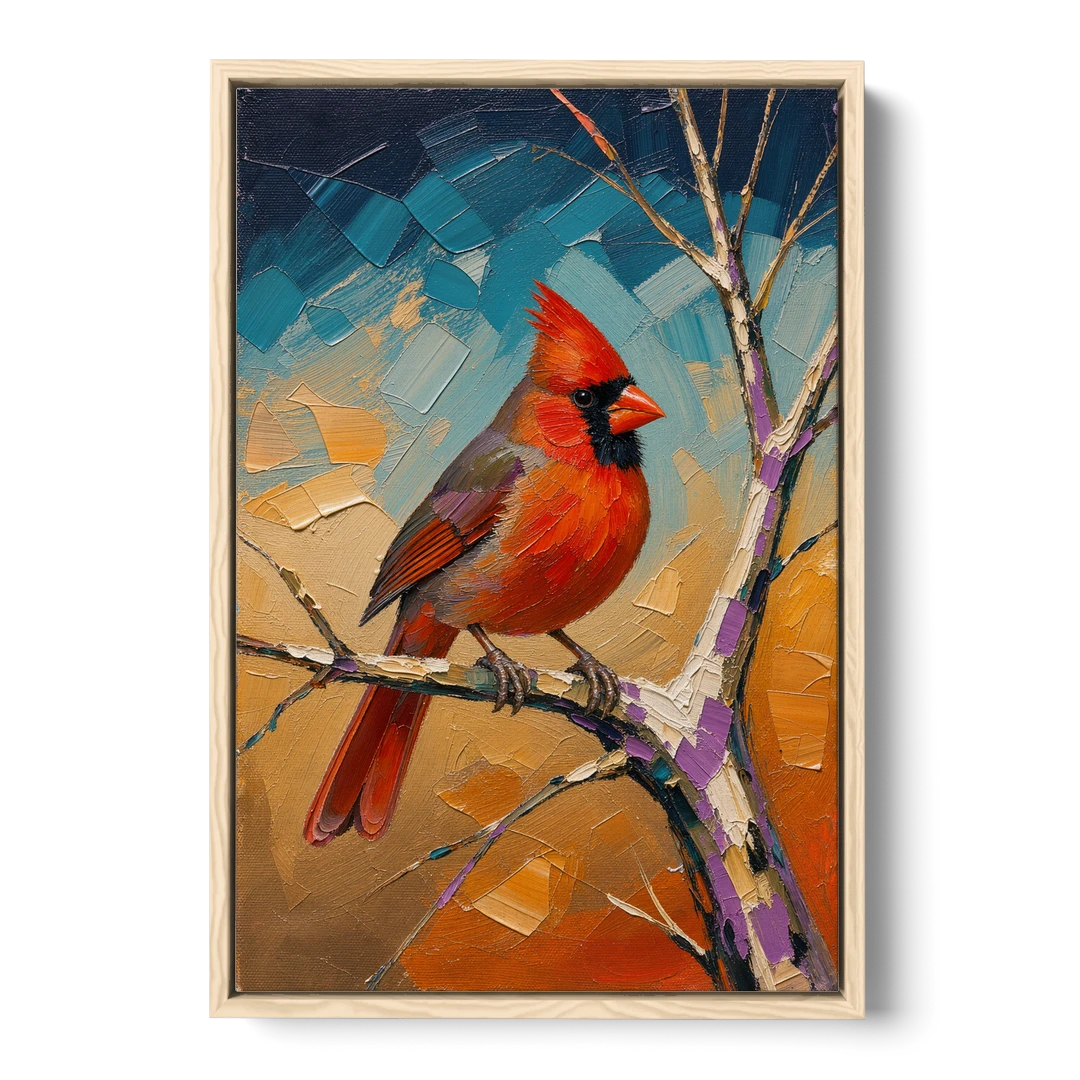 Red Accent Cardinal on a Blue Hour Maple - Oak Framed Canvas Wall Art - Front
