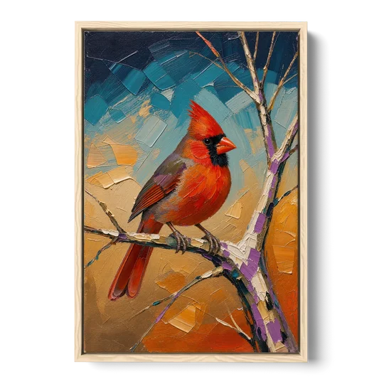 Red Accent Cardinal on a Blue Hour Maple - Oak Framed Canvas Wall Art - Front