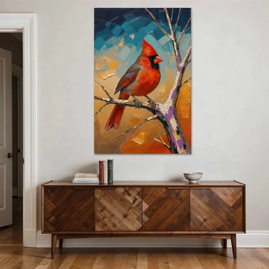 Red Accent Cardinal on a Blue Hour Maple - Canvas Wall Art - Coffee Table - 40x60