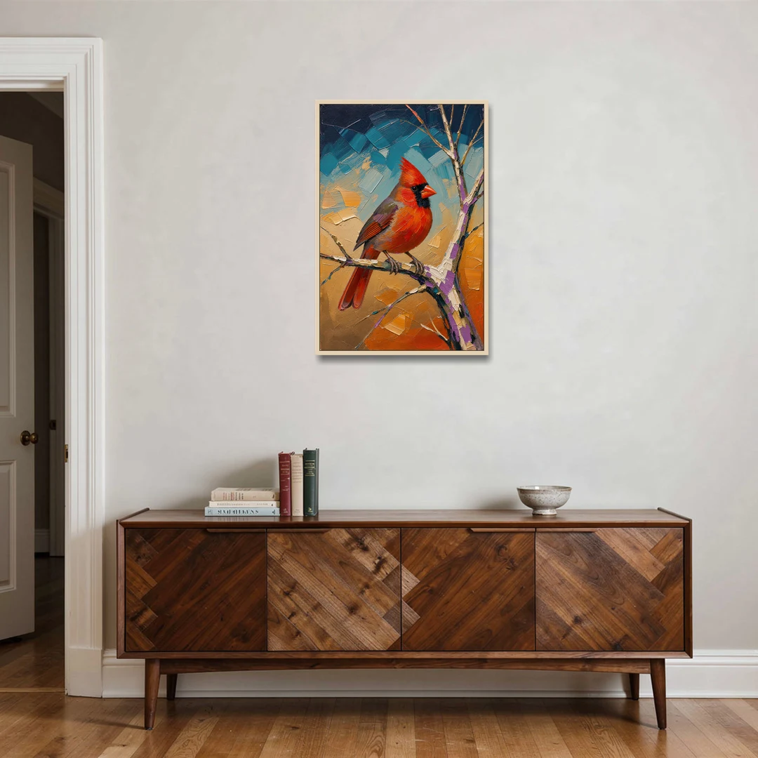 Red Accent Cardinal on a Blue Hour Maple - Oak Framed Canvas Wall Art - Coffee Table - 24x36