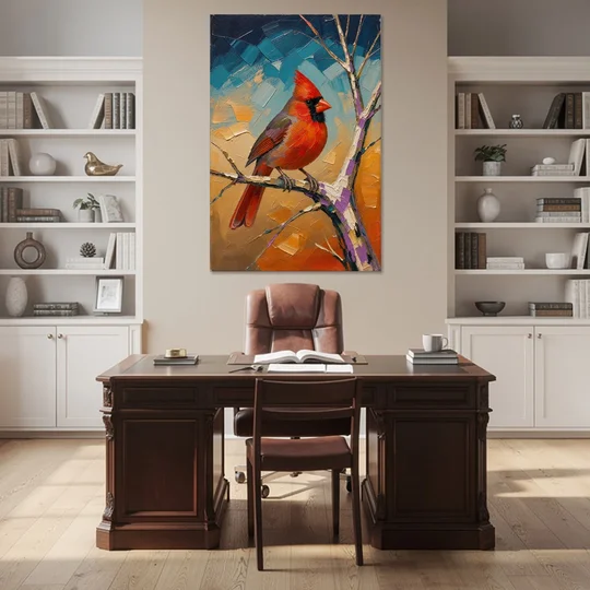 Red Accent Cardinal on a Blue Hour Maple - Canvas Wall Art - Office - 40x60