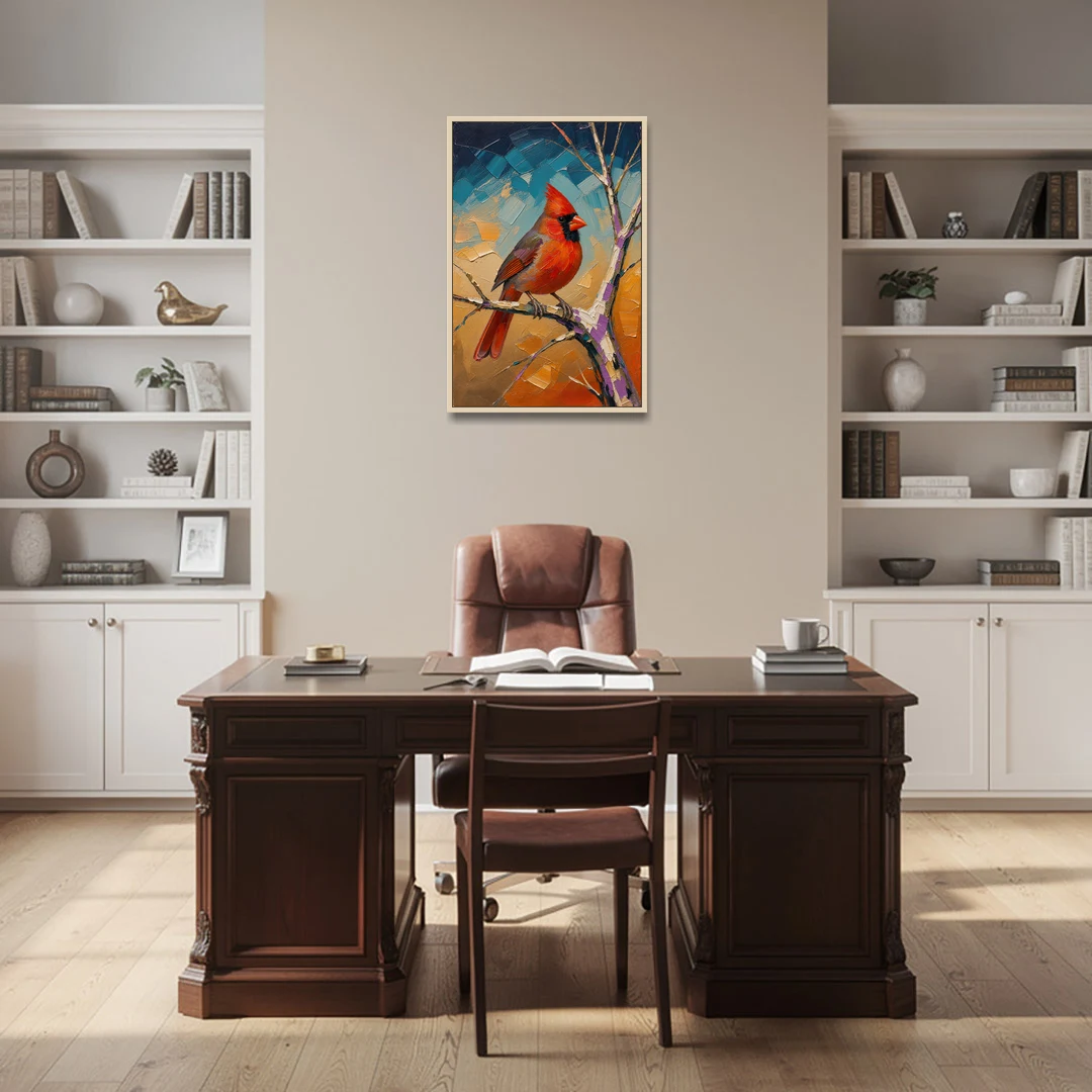 Red Accent Cardinal on a Blue Hour Maple - Oak Framed Canvas Wall Art - Office - 24x36