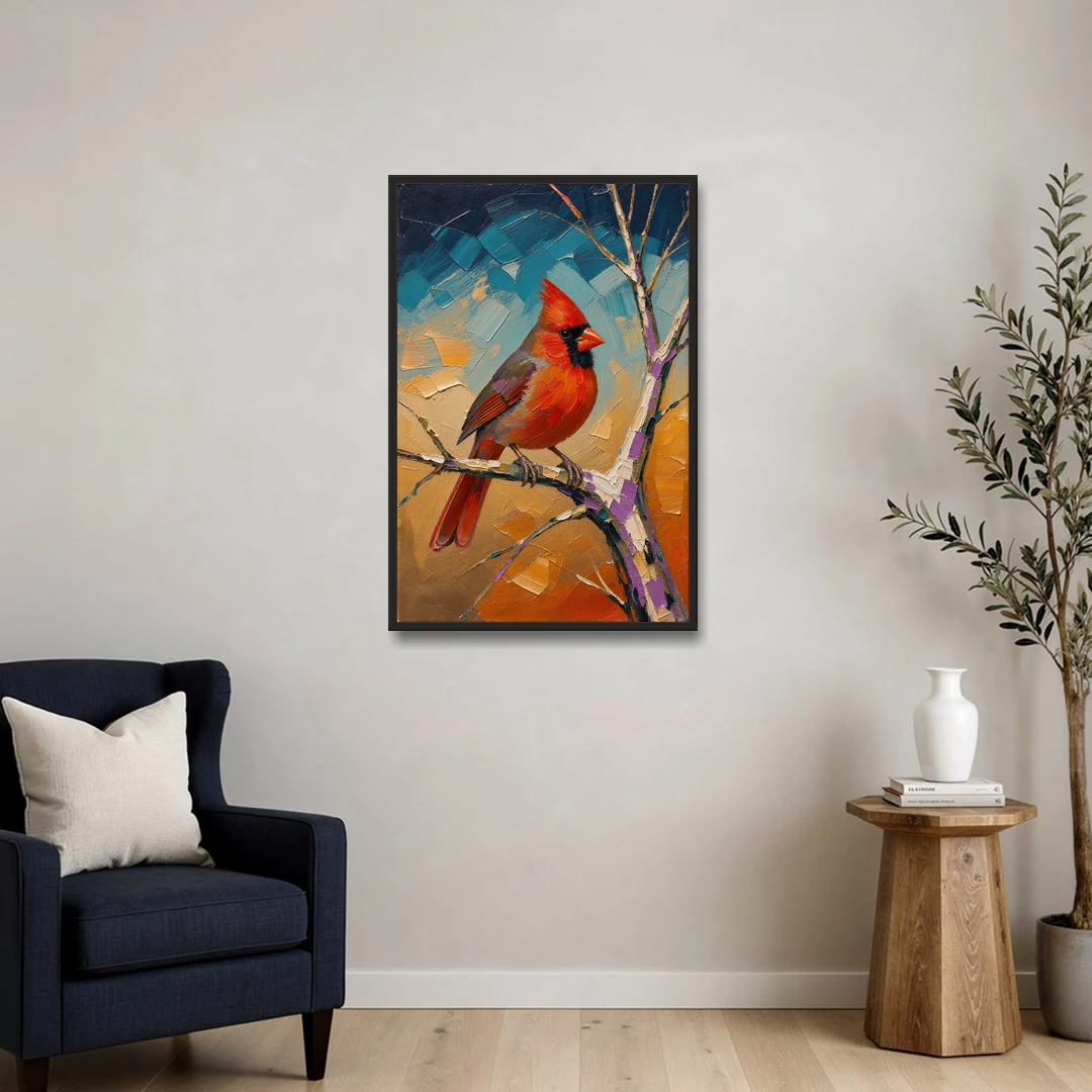 Red Accent Cardinal on a Blue Hour Maple - Black Framed Canvas Wall Art - Sofa - 24x36