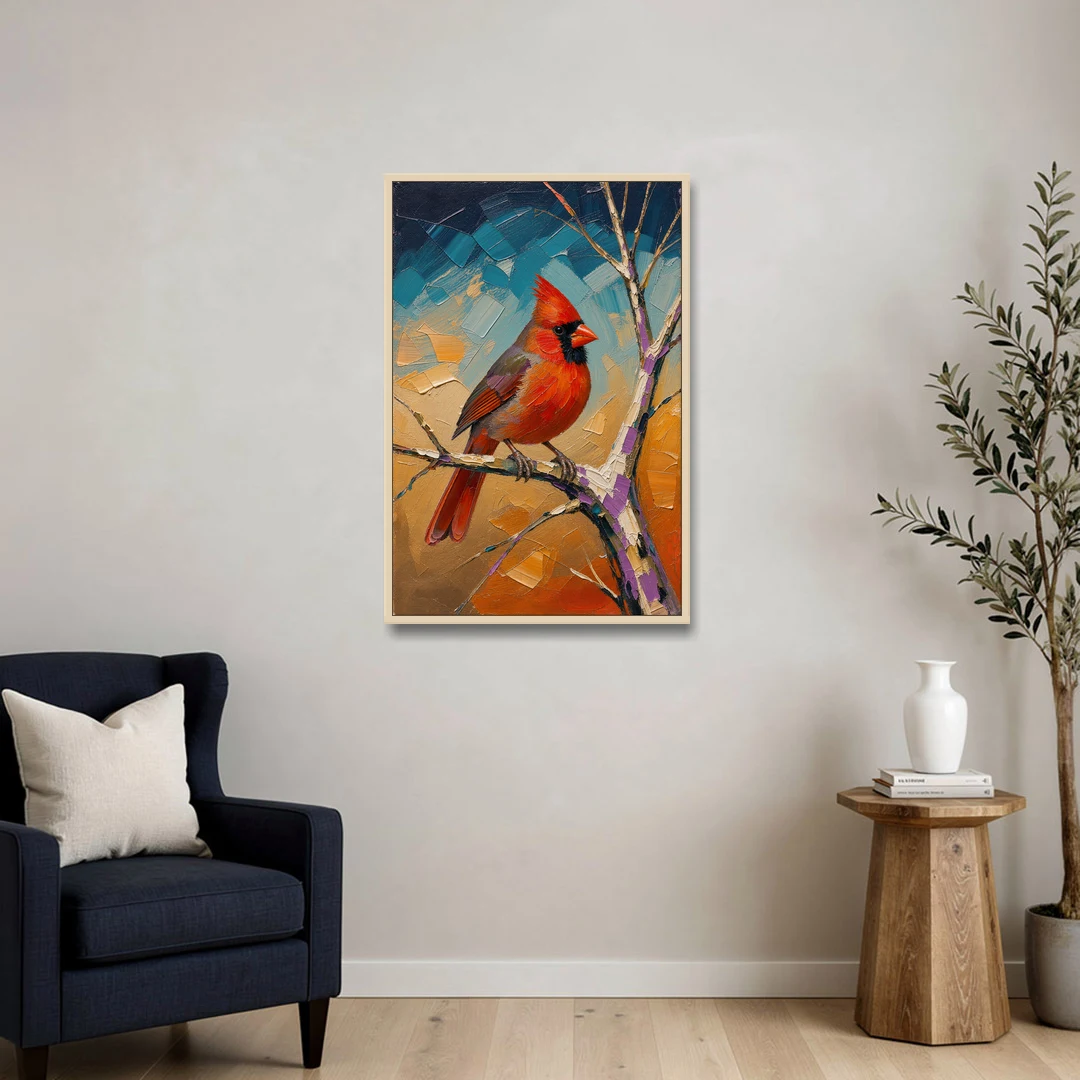 Red Accent Cardinal on a Blue Hour Maple - Oak Framed Canvas Wall Art - Sofa - 24x36