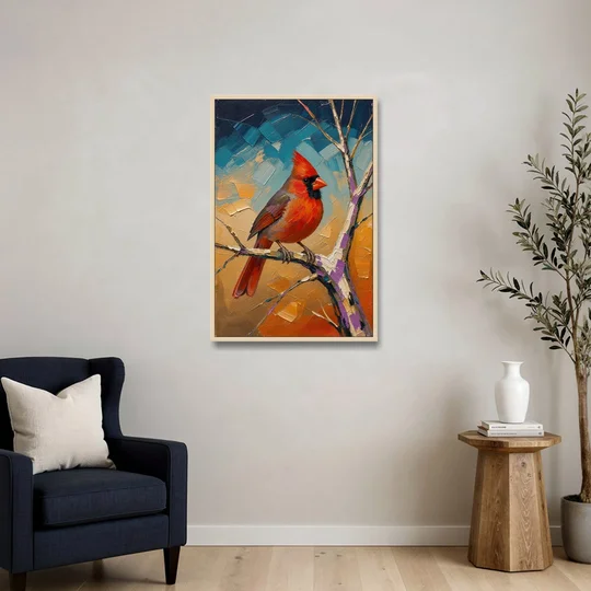 Red Accent Cardinal on a Blue Hour Maple - Oak Framed Canvas Wall Art - Sofa - 24x36