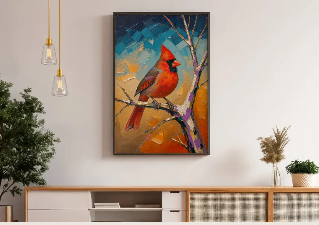 Red Accent Cardinal on a Blue Hour Maple canvas wall art above a wooden sideboard under pendant lights