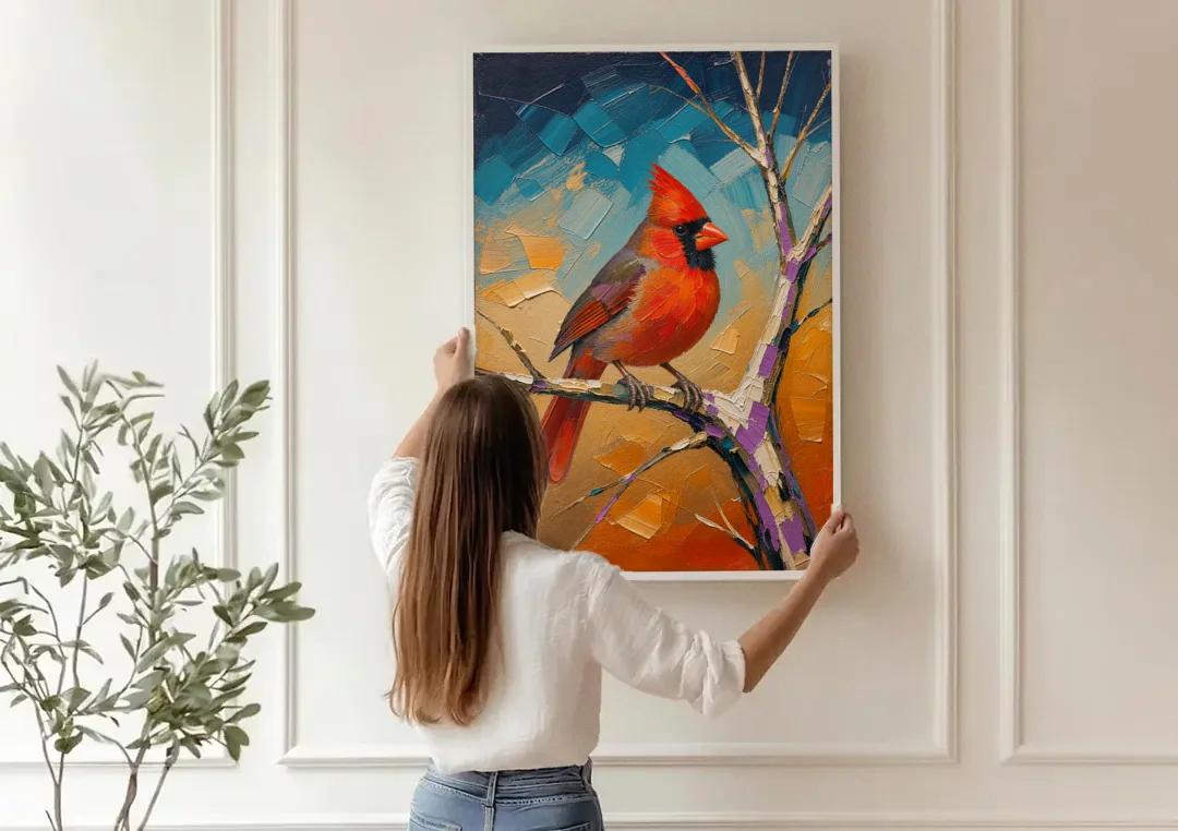 Red Accent Cardinal on a Blue Hour Maple canvas wall art being hung on a paneled wall