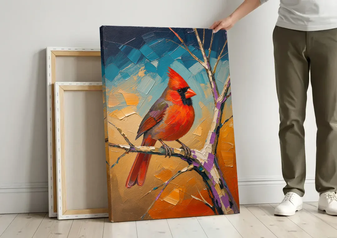 Red Accent Cardinal on a Blue Hour Maple canvas wall art leaning against a wall next to blank canvases