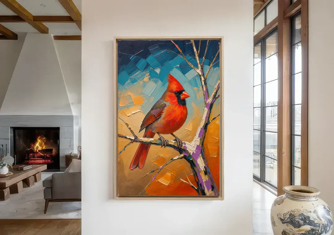 Red Accent Cardinal on a Blue Hour Maple canvas wall art in a living room with a fireplace