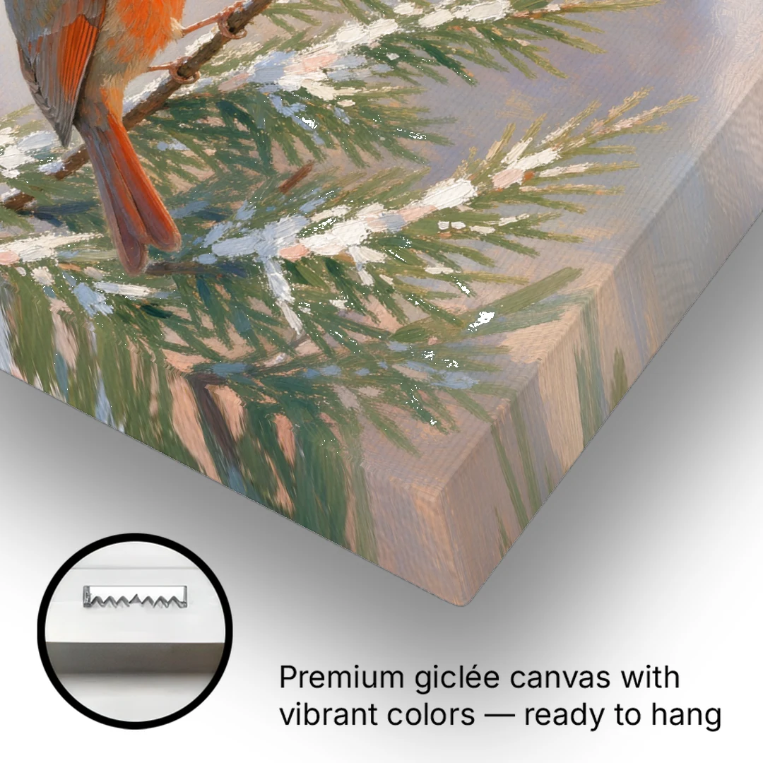 Winter Cardinal Pair Sharing a Seed - Canvas Wall Art - Gallery Wrap Corner