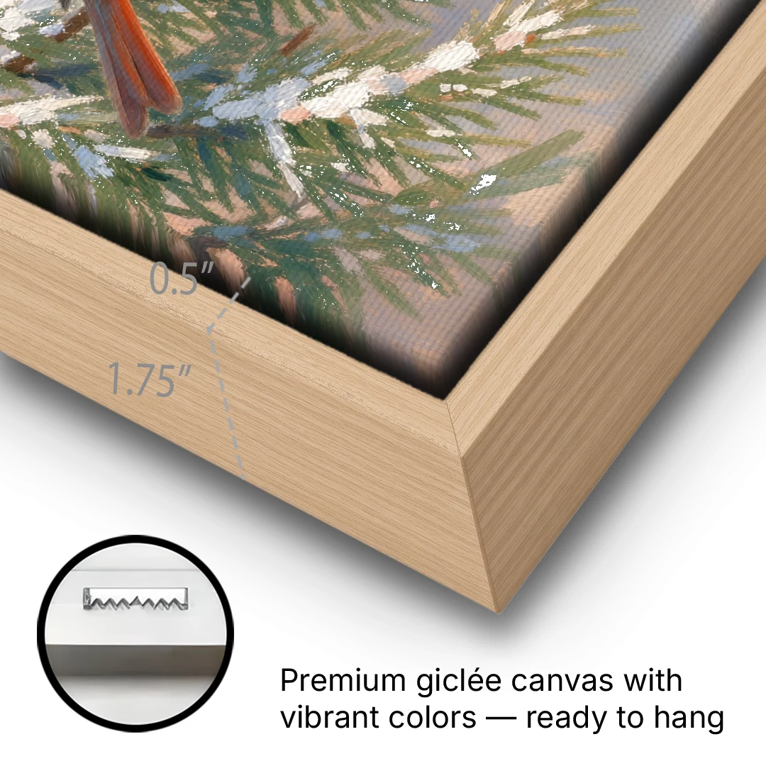 Winter Cardinal Pair Sharing a Seed - Oak Framed Canvas Wall Art - Gallery Wrap Corner