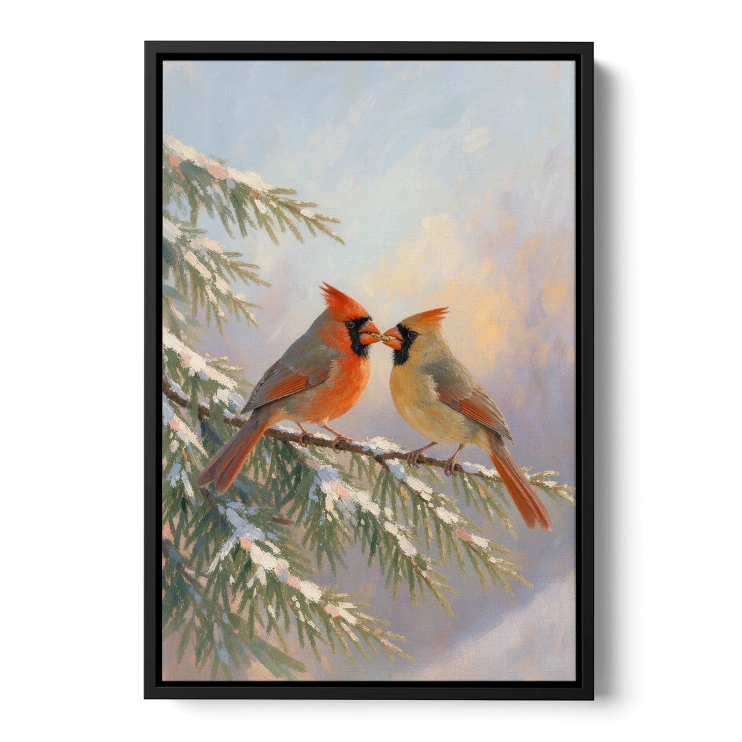 Winter Cardinal Pair Sharing a Seed - Black Framed Canvas Wall Art - Front
