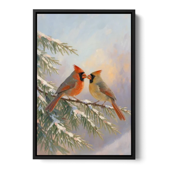 Winter Cardinal Pair Sharing a Seed - Black Framed Canvas Wall Art - Front