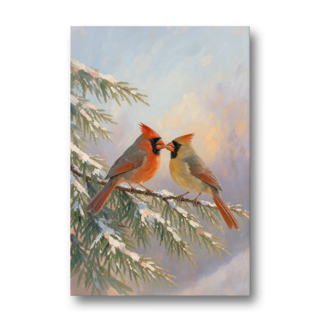 Winter Cardinal Pair Sharing a Seed - Canvas Wall Art - Front