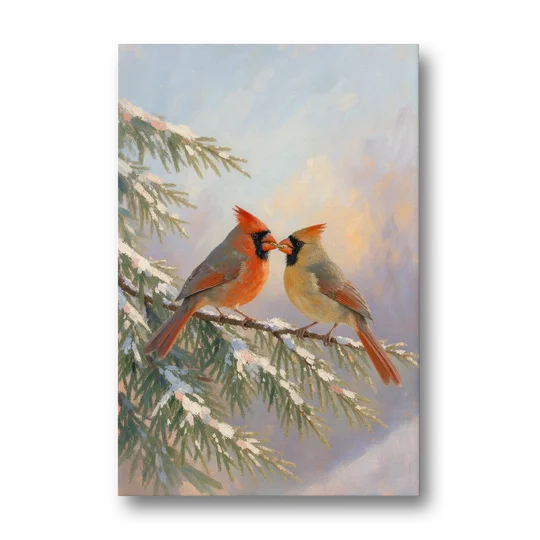Winter Cardinal Pair Sharing a Seed - Canvas Wall Art - Front