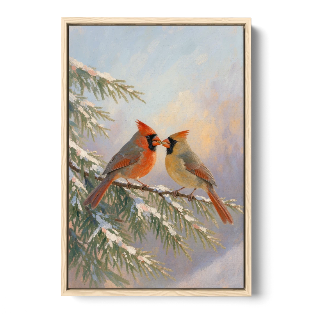 Winter Cardinal Pair Sharing a Seed - Oak Framed Canvas Wall Art - Front