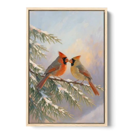 Winter Cardinal Pair Sharing a Seed - Oak Framed Canvas Wall Art - Front