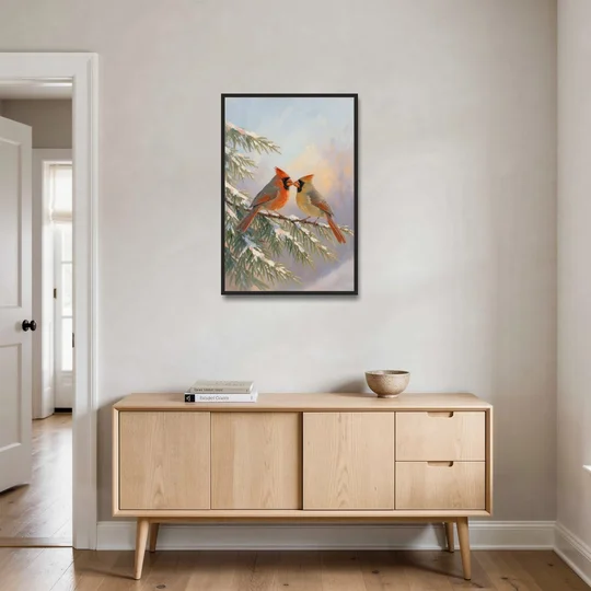 Winter Cardinal Pair Sharing a Seed - Black Framed Canvas Wall Art - Coffee Table - 24x36
