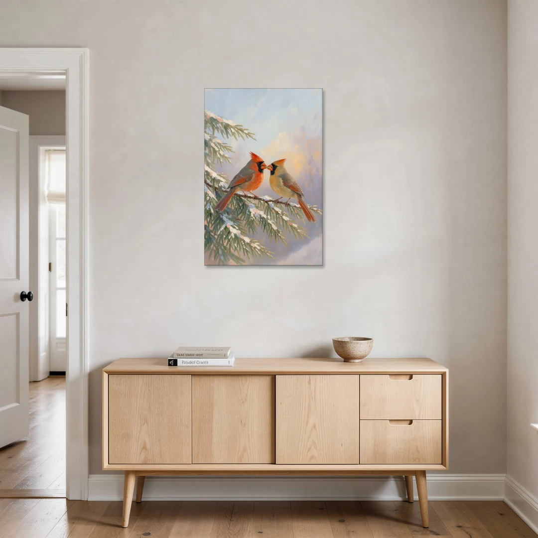 Winter Cardinal Pair Sharing a Seed - Canvas Wall Art - Coffee Table - 24x36
