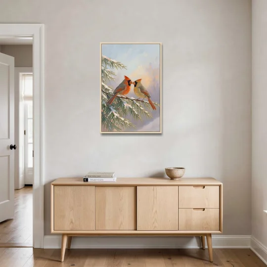 Winter Cardinal Pair Sharing a Seed - Oak Framed Canvas Wall Art - Coffee Table - 24x36