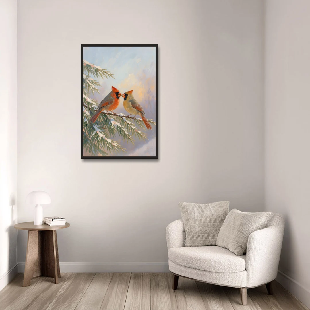 Winter Cardinal Pair Sharing a Seed - Black Framed Canvas Wall Art - Sofa - 24x36