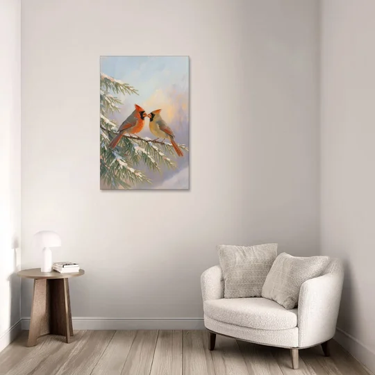 Winter Cardinal Pair Sharing a Seed - Canvas Wall Art - Sofa - 24x36