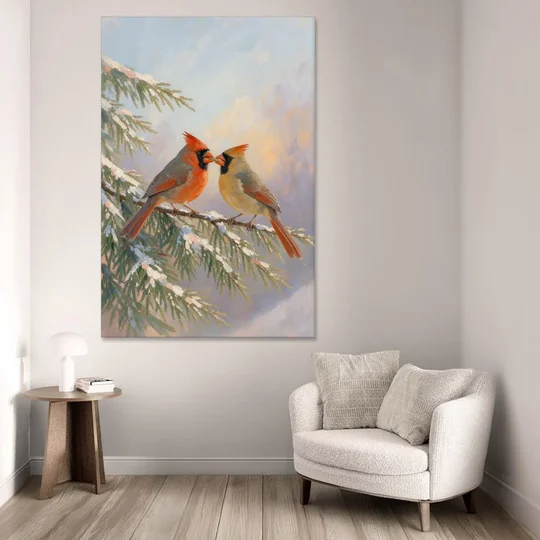 Winter Cardinal Pair Sharing a Seed - Canvas Wall Art - Sofa - 40x60