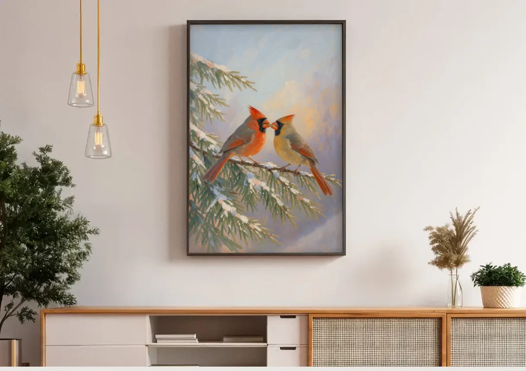 Winter Cardinal Pair Sharing a Seed canvas wall art above a wooden sideboard under pendant lights
