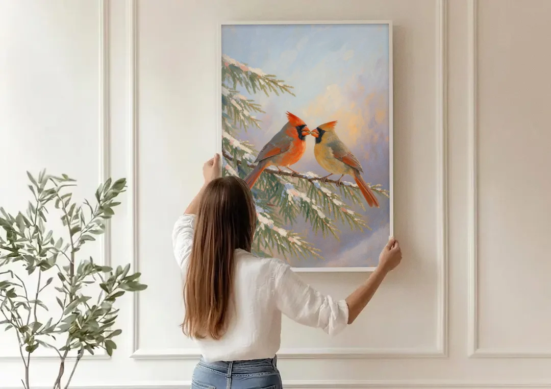 Winter Cardinal Pair Sharing a Seed canvas wall art being hung on a paneled wall