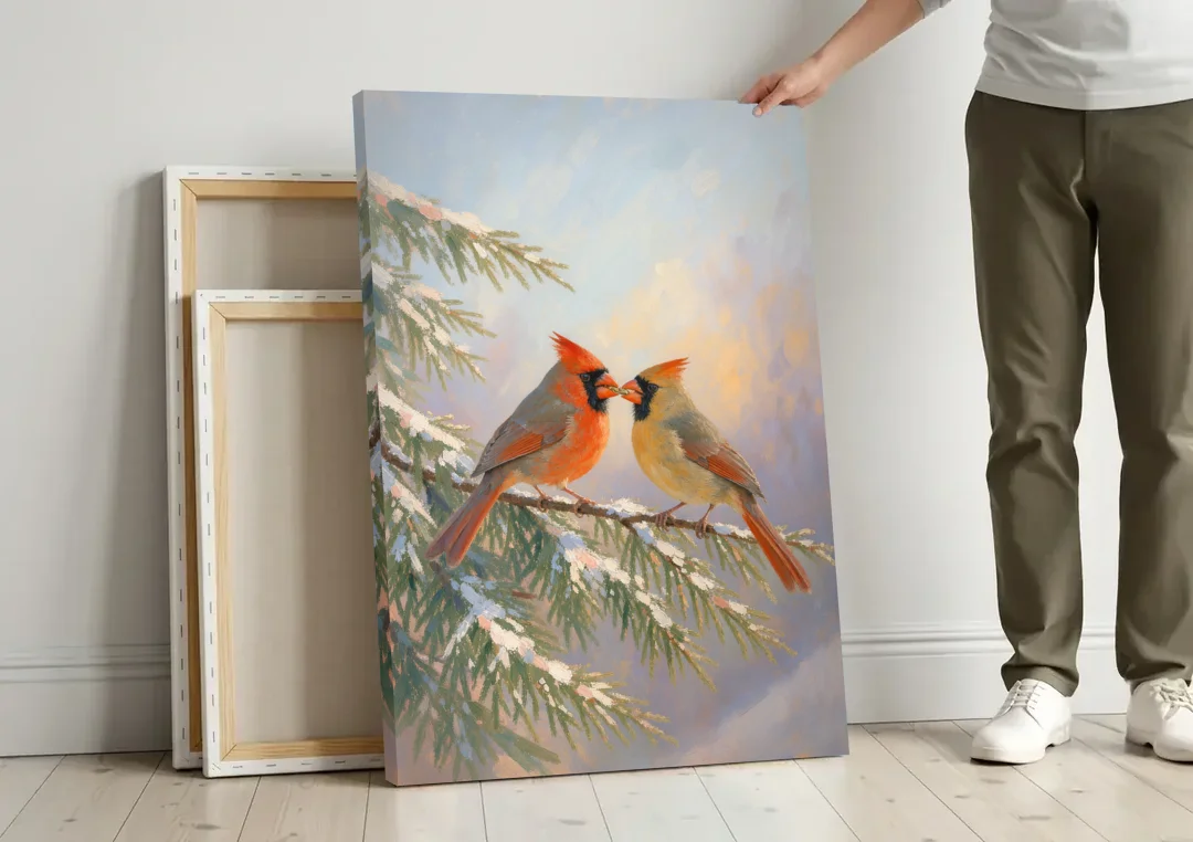 Winter Cardinal Pair Sharing a Seed canvas wall art leaning against a wall next to blank canvases