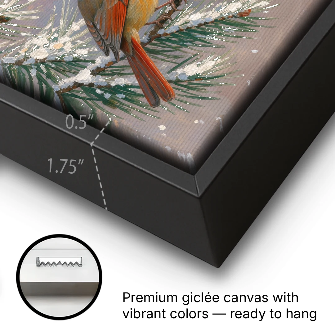 Christmas Cardinal Pair with Pine Cone at Dusk - Black Framed Canvas Wall Art - Gallery Wrap Corner